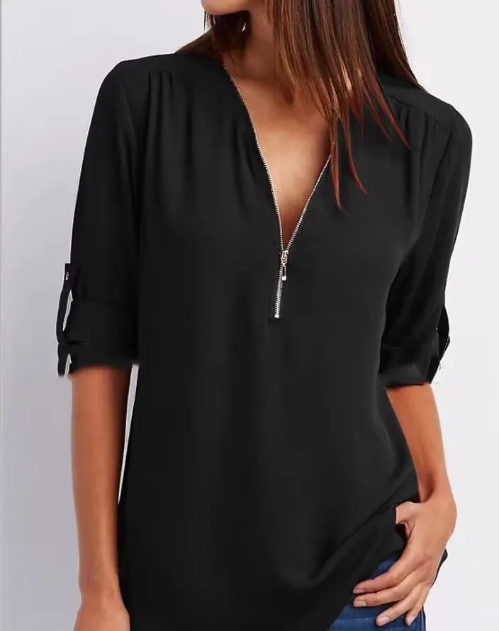 2024 Hot Sale Women Cool Loose Shirt Deep V Neck Chiffon Fashion Blouse Casual Ladies Tops Sexy Zipper Pullover Plus Size