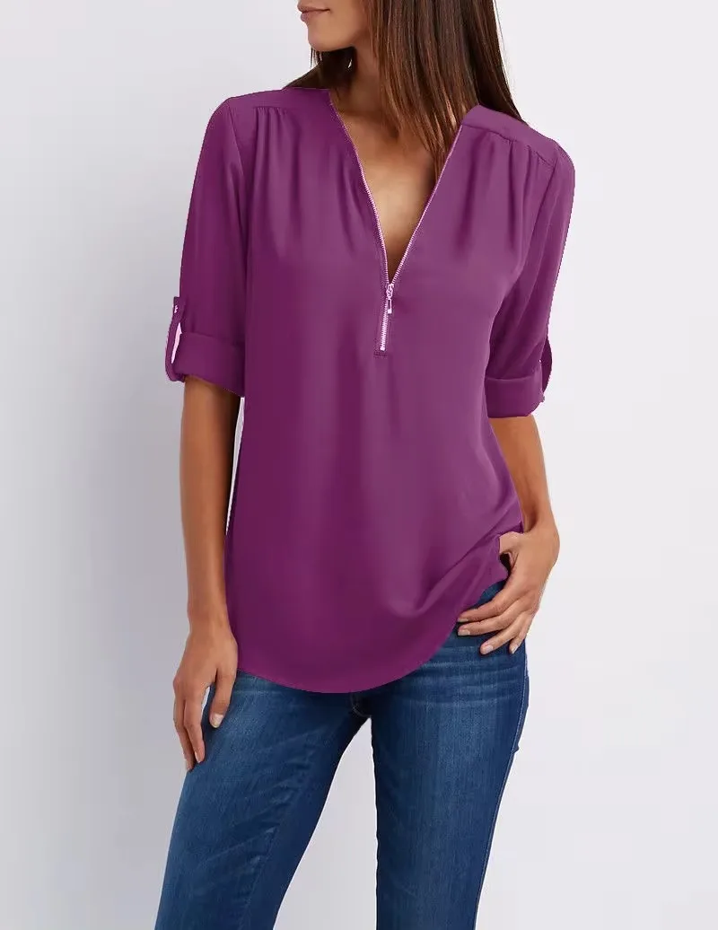 2024 Hot Sale Women Cool Loose Shirt Deep V Neck Chiffon Fashion Blouse Casual Ladies Tops Sexy Zipper Pullover Plus Size