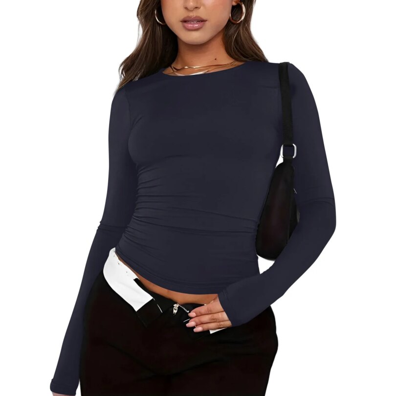 Women's Fashion Solid Color Round Neck Long Sleeve T-Shirt Top Tops for Women Womens Tops and Blouses 2024 Dressy Tops for Women - Image 5