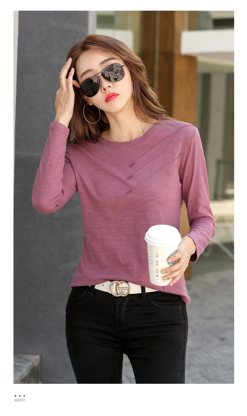 AOSSVIAO Summer Women Ribbed Cotton Tee-Shirts Female Button Loose Casual Fashion T-shirts 2024 Long Sleeve O-Neck Korea Tops