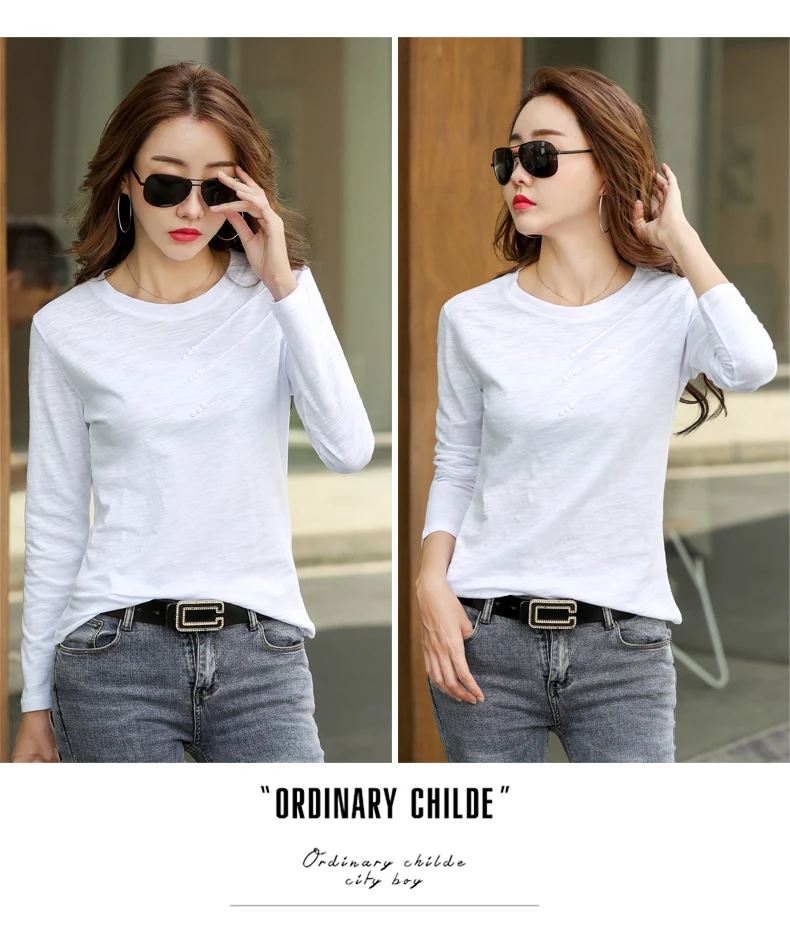 AOSSVIAO Summer Women Ribbed Cotton Tee-Shirts Female Button Loose Casual Fashion T-shirts 2024 Long Sleeve O-Neck Korea Tops