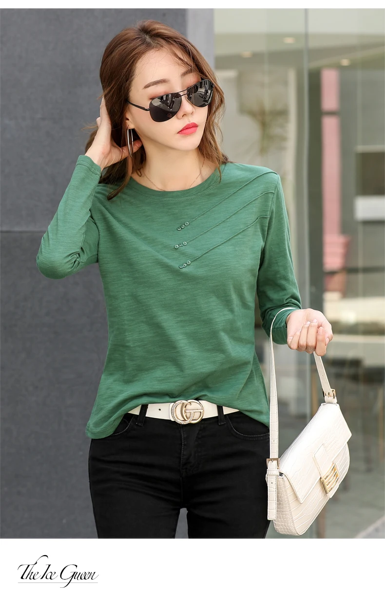 AOSSVIAO Summer Women Ribbed Cotton Tee-Shirts Female Button Loose Casual Fashion T-shirts 2024 Long Sleeve O-Neck Korea Tops