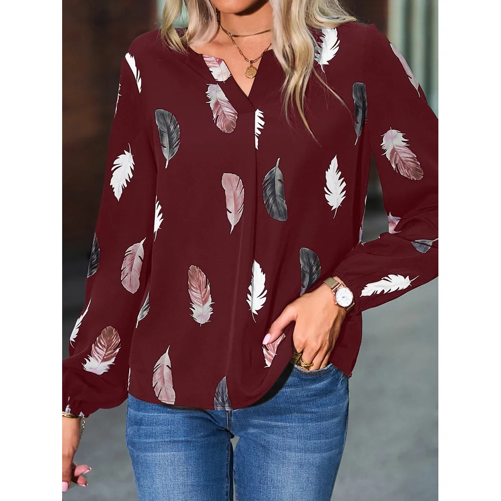 Fashion Woman Blouse Shirts For Women Stylish Top long Sleeve Feather Pattern Female Tops Elegant Chiffon Mujer Woman Clothes