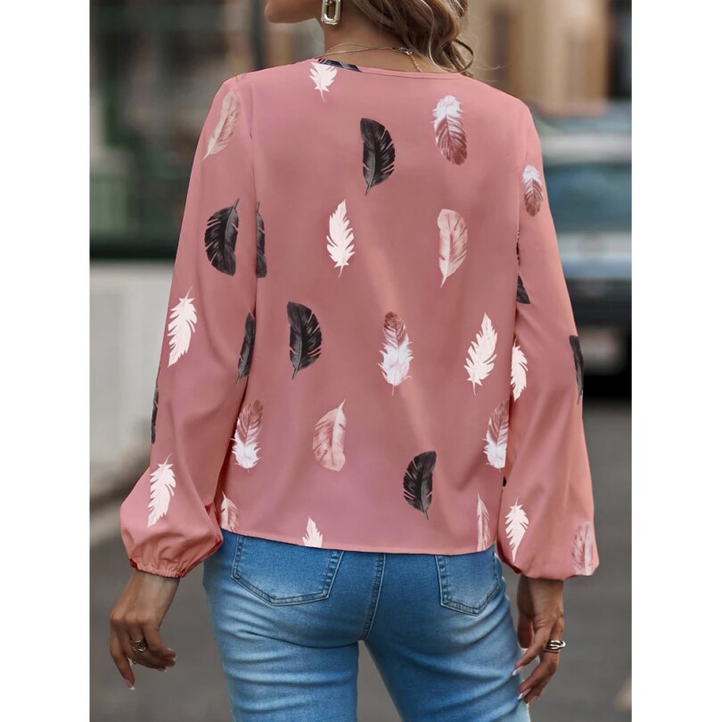 Fashion Woman Blouse Shirts For Women Stylish Top long Sleeve Feather Pattern Female Tops Elegant Chiffon Mujer Woman Clothes - Image 2