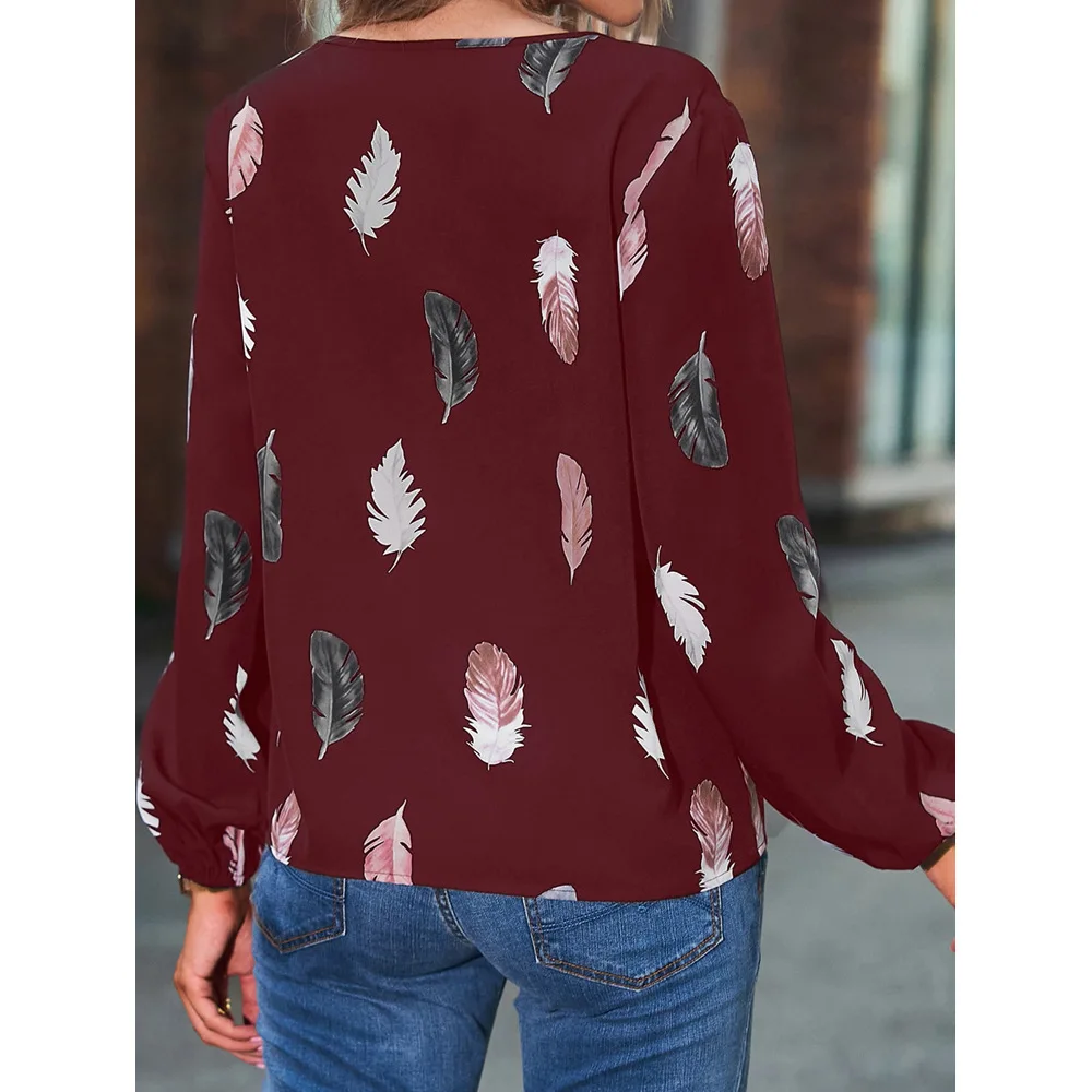 Fashion Woman Blouse Shirts For Women Stylish Top long Sleeve Feather Pattern Female Tops Elegant Chiffon Mujer Woman Clothes