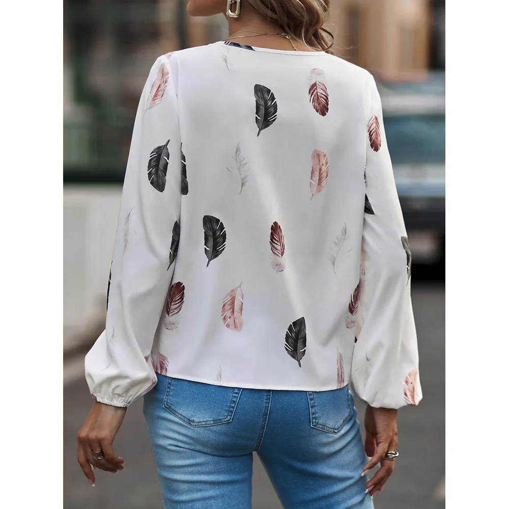 Fashion Woman Blouse Shirts For Women Stylish Top long Sleeve Feather Pattern Female Tops Elegant Chiffon Mujer Woman Clothes