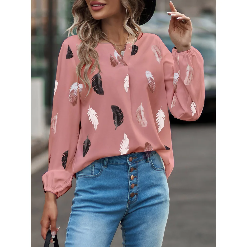 Fashion Woman Blouse Shirts For Women Stylish Top long Sleeve Feather Pattern Female Tops Elegant Chiffon Mujer Woman Clothes