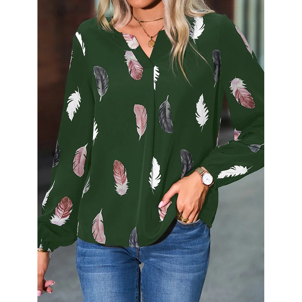 Fashion Woman Blouse Shirts For Women Stylish Top long Sleeve Feather Pattern Female Tops Elegant Chiffon Mujer Woman Clothes