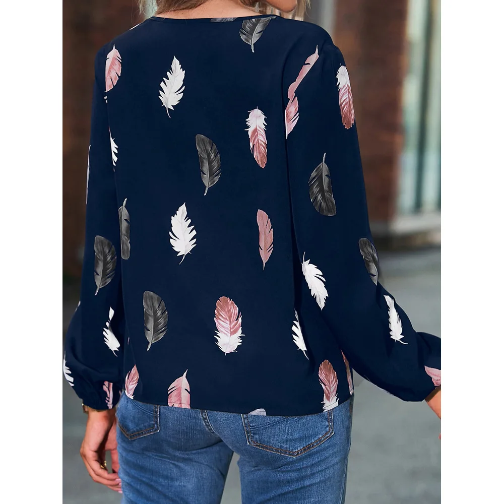 Fashion Woman Blouse Shirts For Women Stylish Top long Sleeve Feather Pattern Female Tops Elegant Chiffon Mujer Woman Clothes