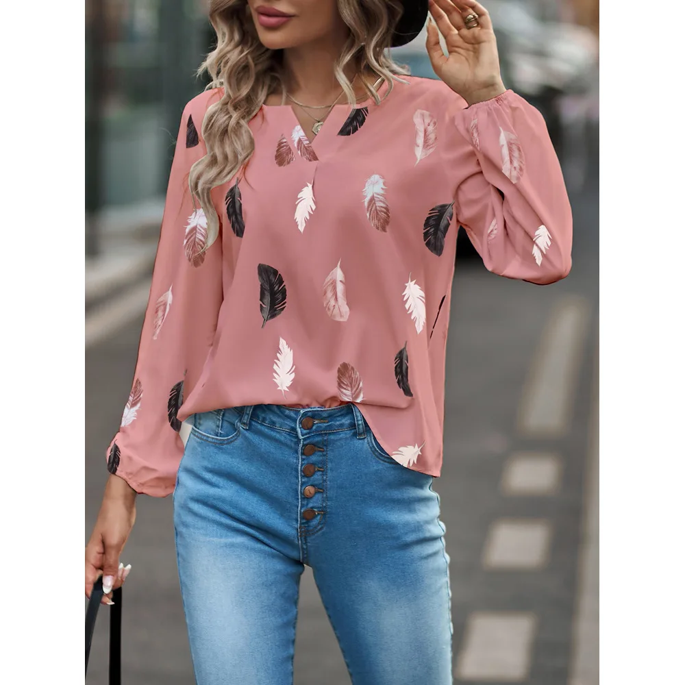 Fashion Woman Blouse Shirts For Women Stylish Top long Sleeve Feather Pattern Female Tops Elegant Chiffon Mujer Woman Clothes