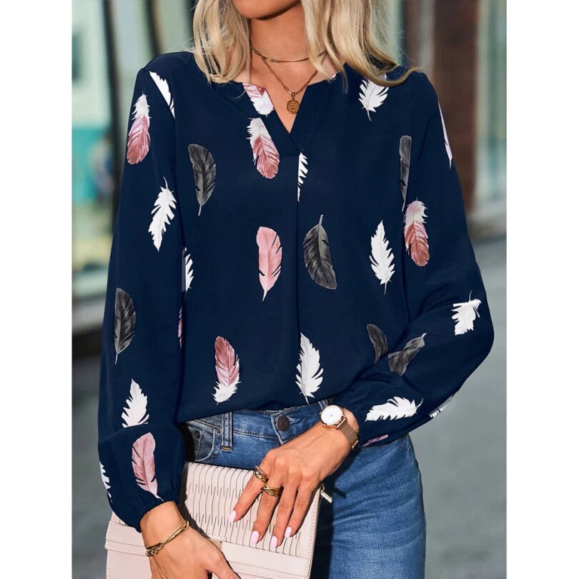 Fashion Woman Blouse Shirts For Women Stylish Top long Sleeve Feather Pattern Female Tops Elegant Chiffon Mujer Woman Clothes - Image 4