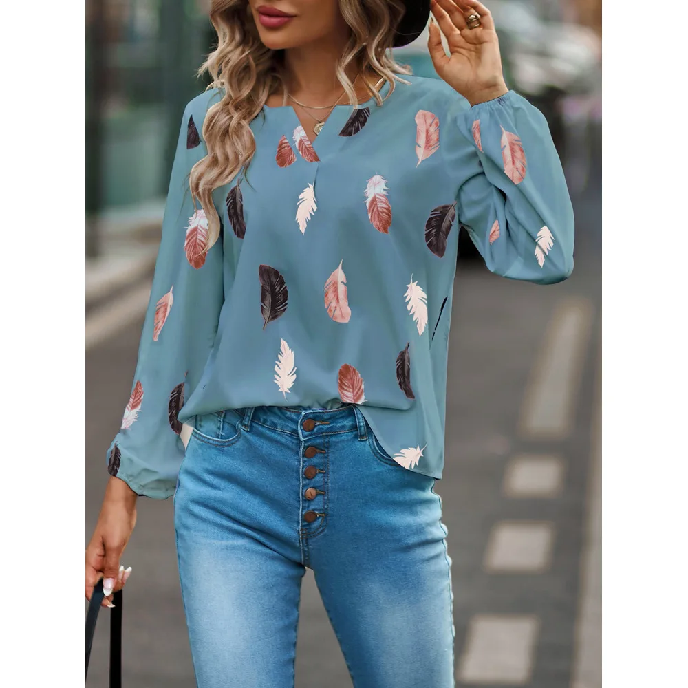 Fashion Woman Blouse Shirts For Women Stylish Top long Sleeve Feather Pattern Female Tops Elegant Chiffon Mujer Woman Clothes