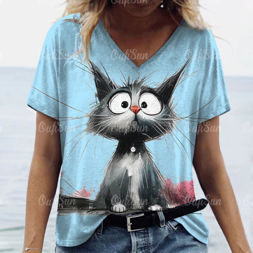 Summer Women's T Shirt Cat Print Casual Short Sleeve 3d T-Shirts Fashion Streetwear Crew Neck Pullover Female Oversized Clothing - Image 2