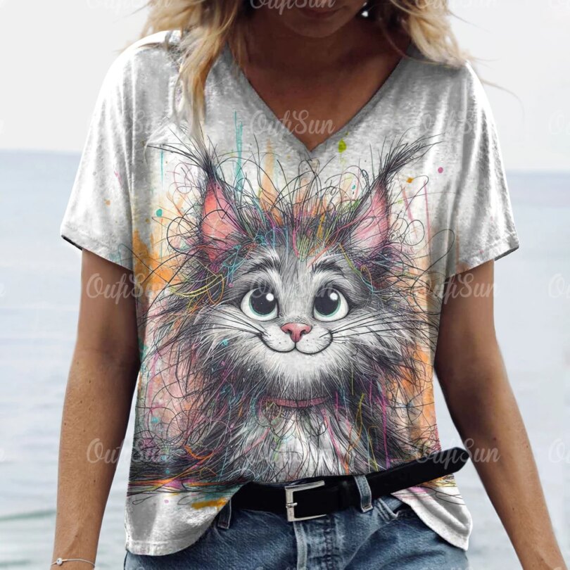 Summer Women's T Shirt Cat Print Casual Short Sleeve 3d T-Shirts Fashion Streetwear Crew Neck Pullover Female Oversized Clothing - Image 5