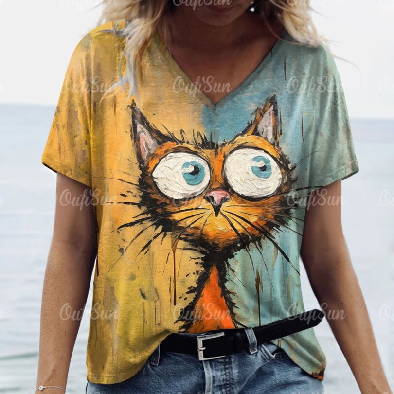 Summer Women's T Shirt Cat Print Casual Short Sleeve 3d T-Shirts Fashion Streetwear Crew Neck Pullover Female Oversized Clothing - Image 3