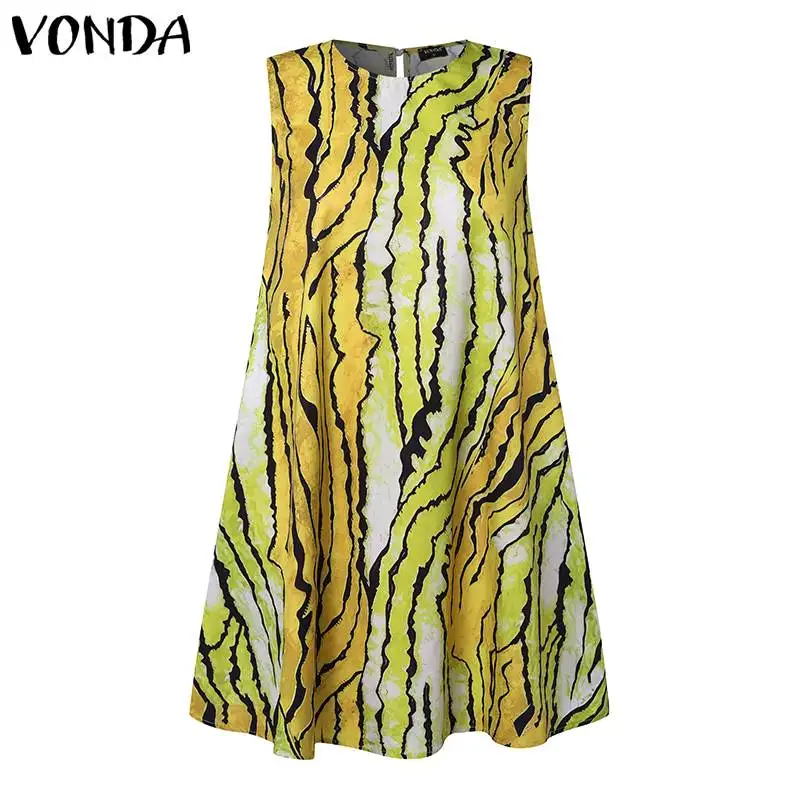 Plus Size Women Summer Dress 2024 VONDA Sleeveless Printed Party Sundress Fashion Short Dress Casual Loose Vestidos O Neck Robe