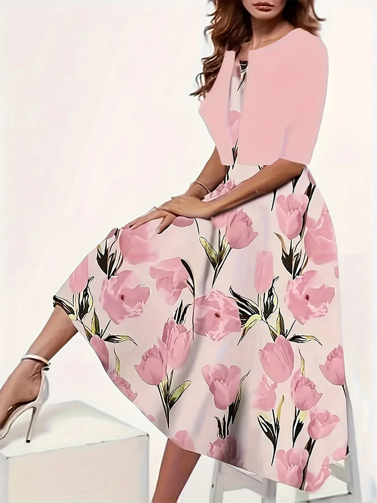 Women Plus Size Dress Set Pink Floral Print Skirt Elegant Fashion 2024 Summer Spring New V-neck Slim Dress + Short Sleeve Coat