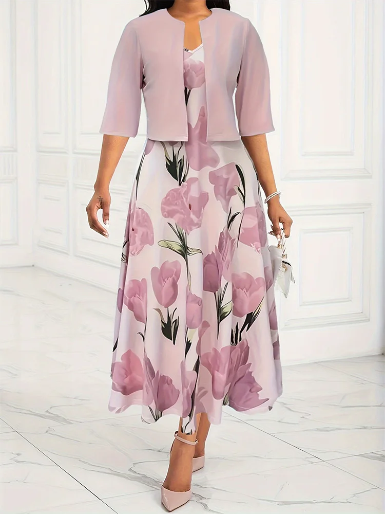 Women Plus Size Dress Set Pink Floral Print Skirt Elegant Fashion 2024 Summer Spring New V-neck Slim Dress + Short Sleeve Coat