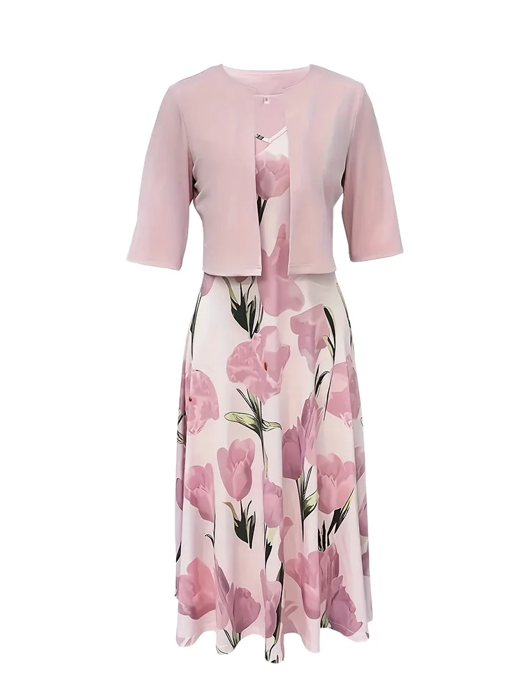 Women Plus Size Dress Set Pink Floral Print Skirt Elegant Fashion 2024 Summer Spring New V-neck Slim Dress + Short Sleeve Coat