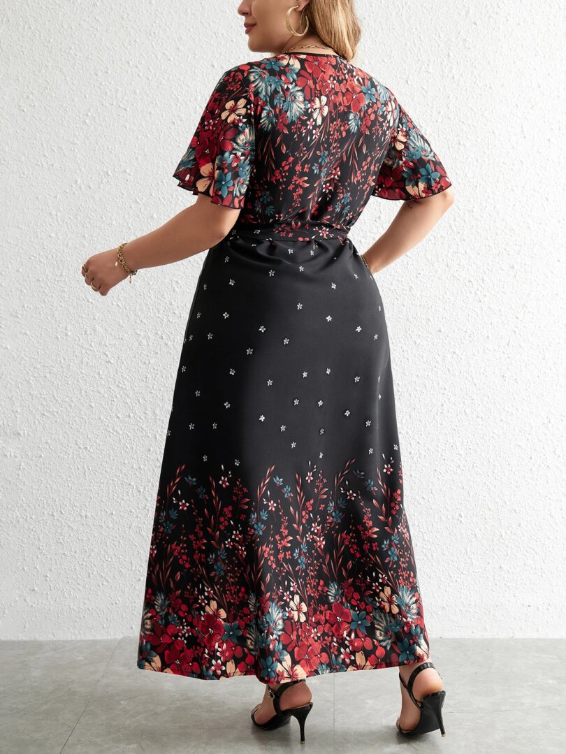 Plus Size Casual Dress Woman 2024 Summer V Neck Short Sleeve Floral Print Long Dress Black Curvy Size Women Clothing - Image 4