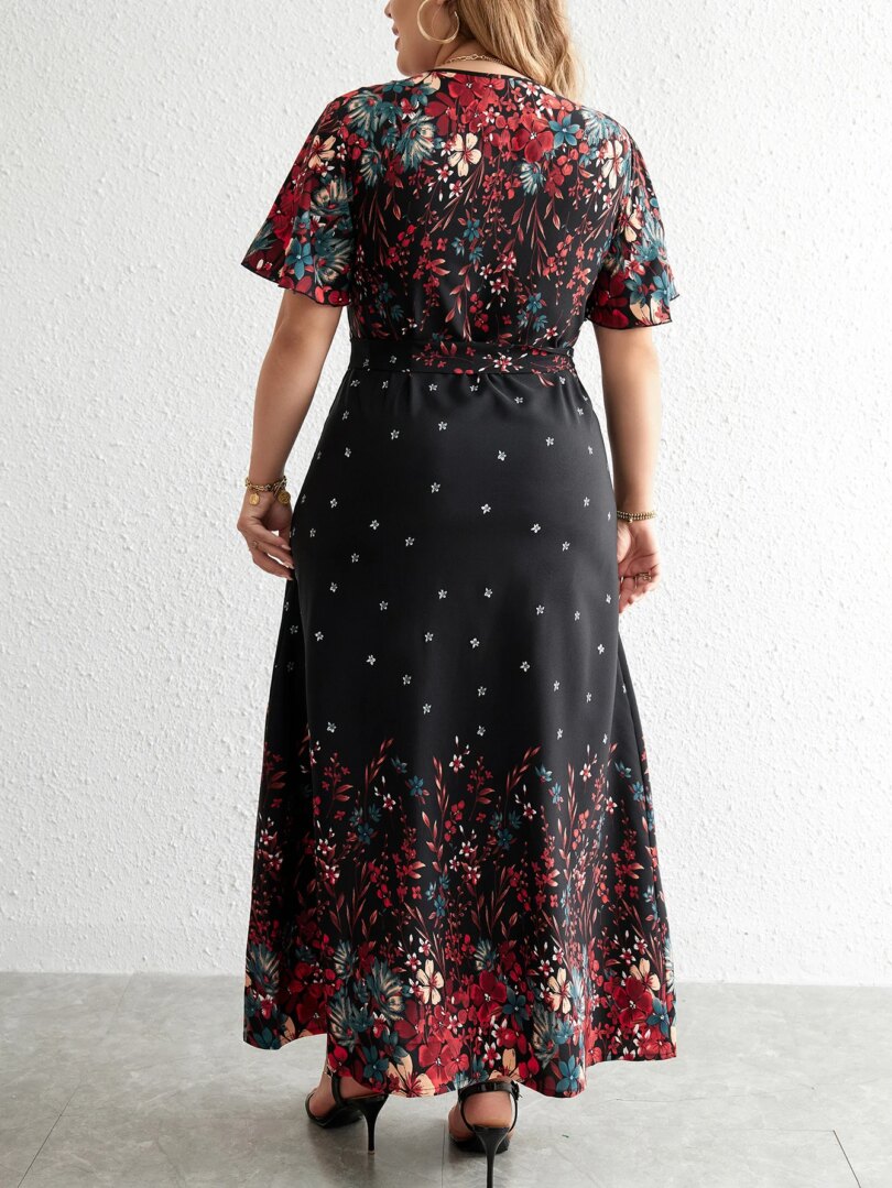 Plus Size Casual Dress Woman 2024 Summer V Neck Short Sleeve Floral Print Long Dress Black Curvy Size Women Clothing - Image 6