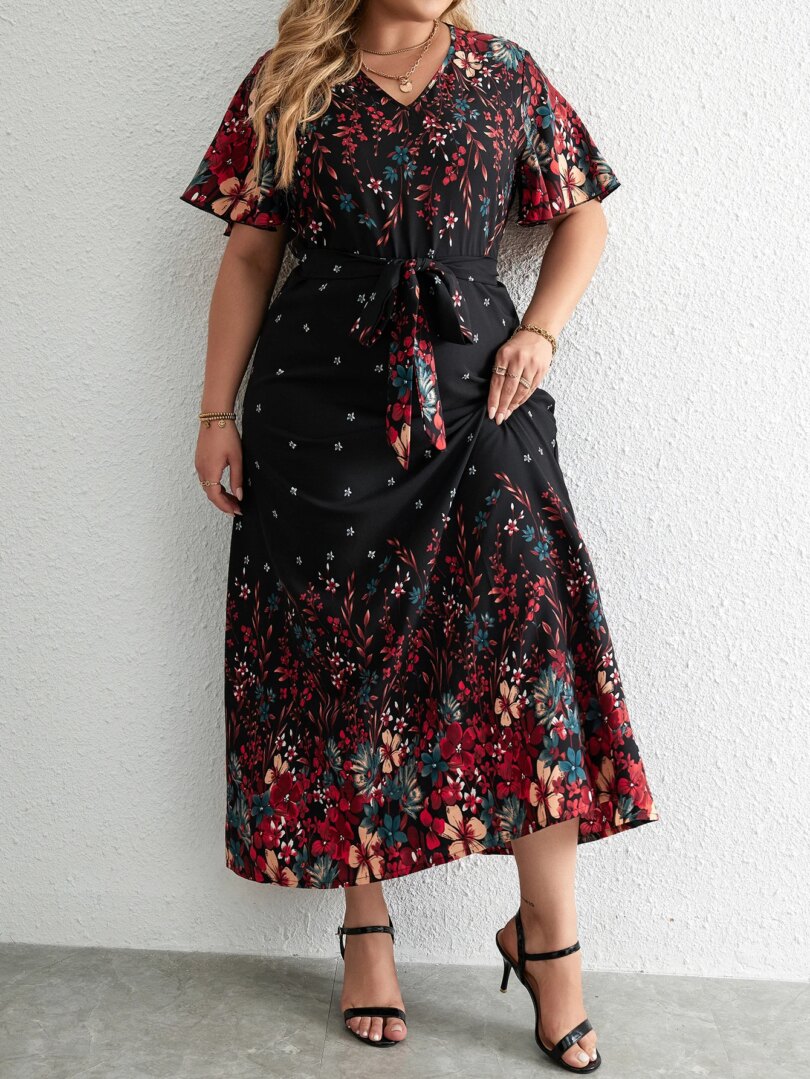 Plus Size Casual Dress Woman 2024 Summer V Neck Short Sleeve Floral Print Long Dress Black Curvy Size Women Clothing - Image 2