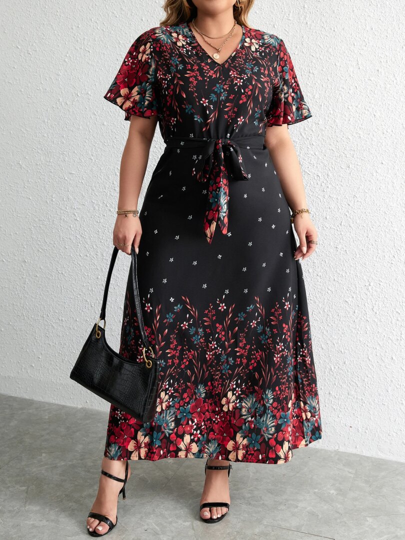 Plus Size Casual Dress Woman 2024 Summer V Neck Short Sleeve Floral Print Long Dress Black Curvy Size Women Clothing - Image 5