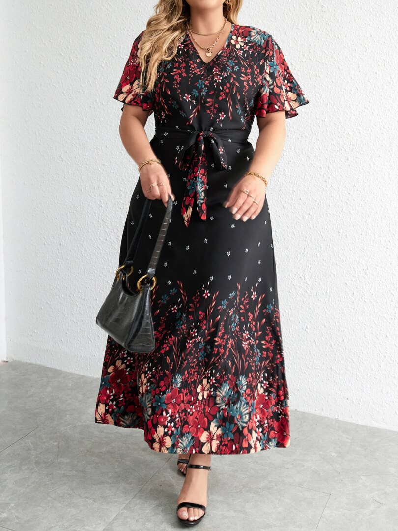 Plus Size Casual Dress Woman 2024 Summer V Neck Short Sleeve Floral Print Long Dress Black Curvy Size Women Clothing - Image 3