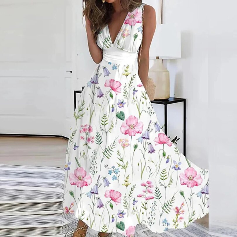 Women's V-Neck Party Swing Dress Boho Floral Beach Dress Holiday Summer Dresses Plus Size Fashion Clothing For Happy 2024 - Image 3