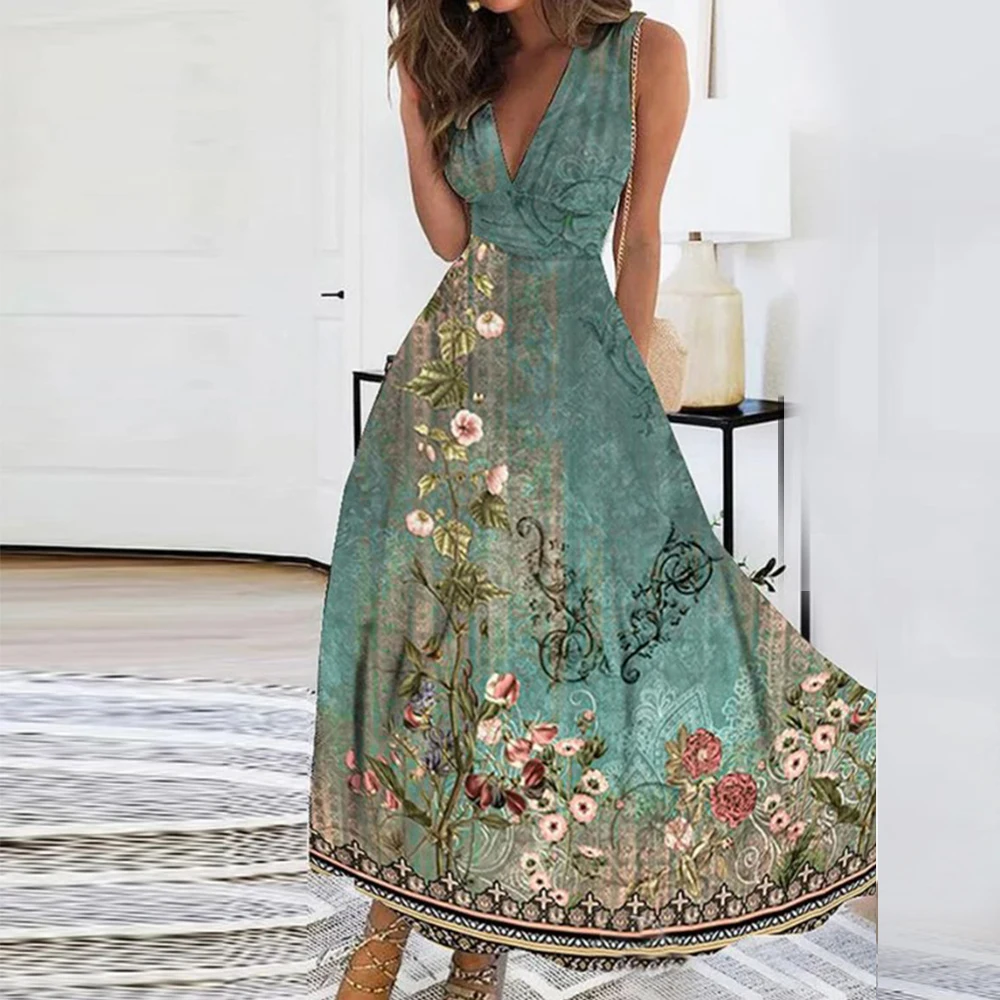 Women's V-Neck Party Swing Dress Boho Floral Beach Dress Holiday Summer Dresses Plus Size Fashion Clothing For Happy 2024