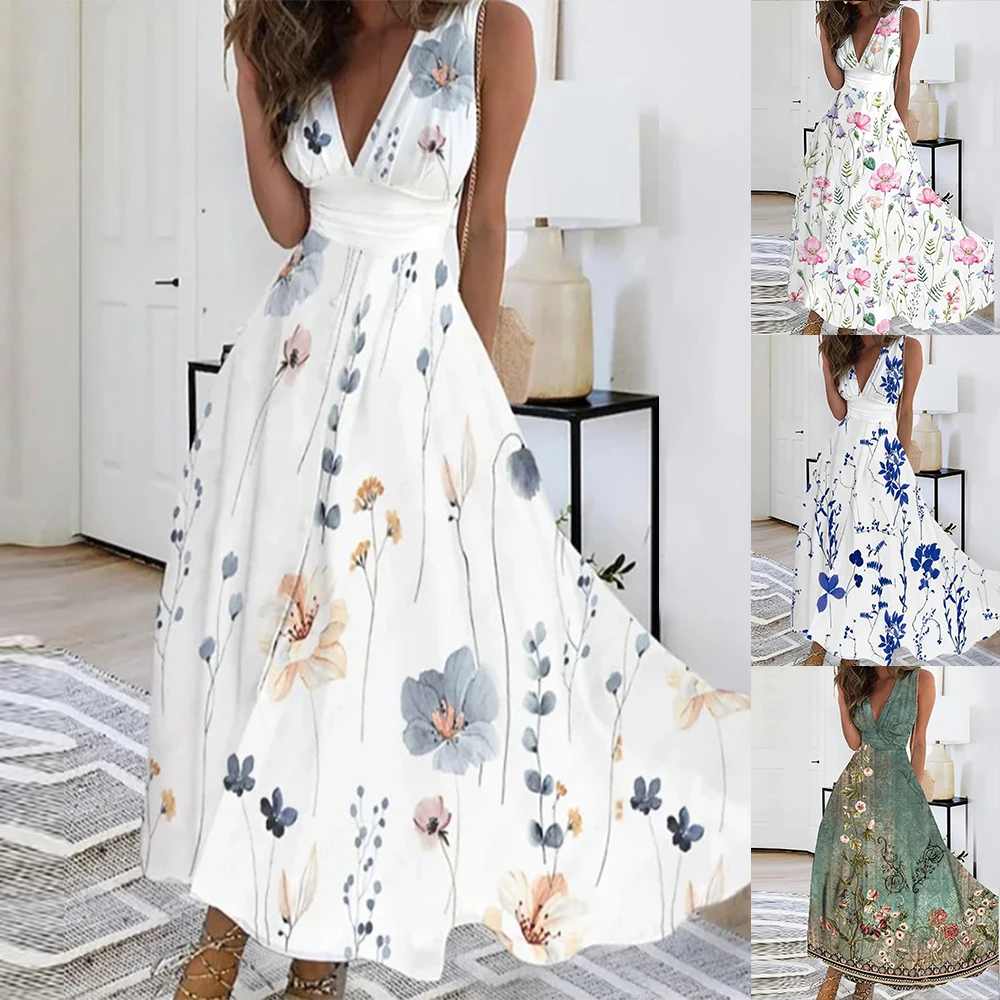 Women's V-Neck Party Swing Dress Boho Floral Beach Dress Holiday Summer Dresses Plus Size Fashion Clothing For Happy 2024