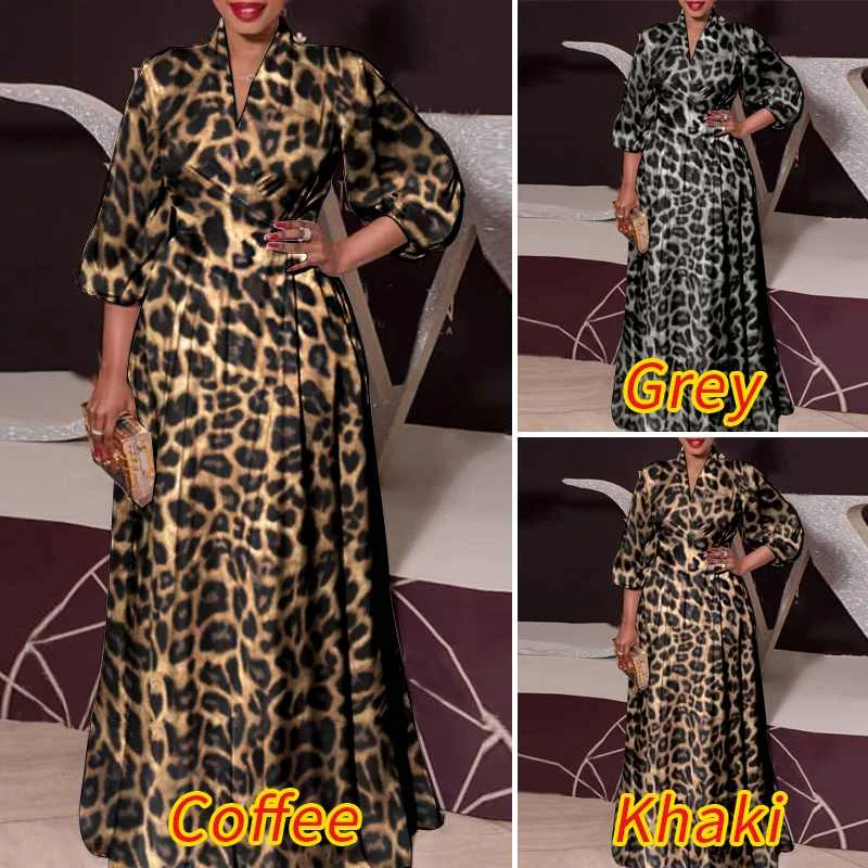 Plus Size 5XL VONDA Bohemian Dress Elegant Women Leopard Print Dress 2024 Long Lantern Sleeve Loose V Neck Casual Party Sundress