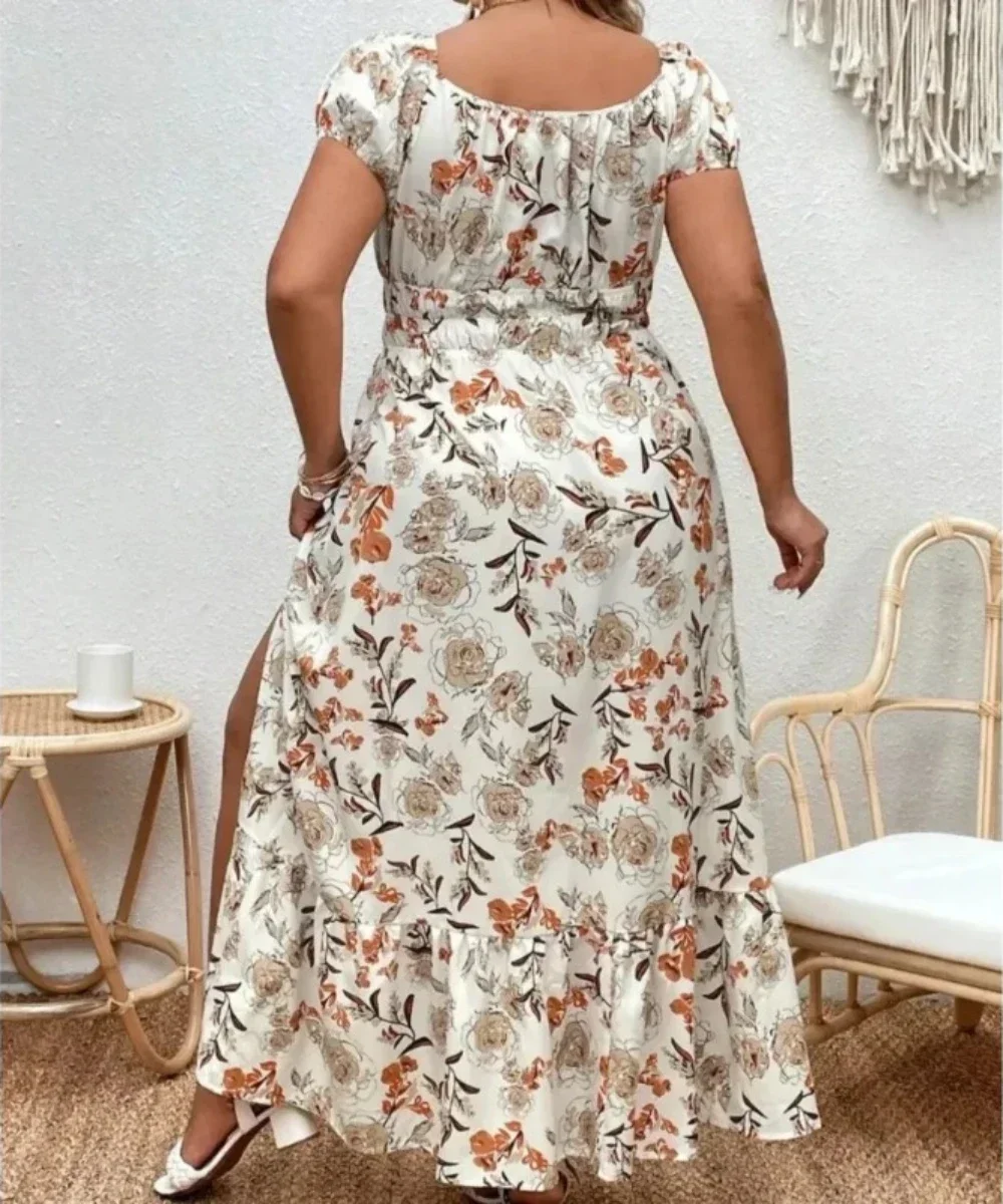 Women's 1-5XL Plus Size Suitable for outdoor white flower casual skirt large size women print loose summer dress