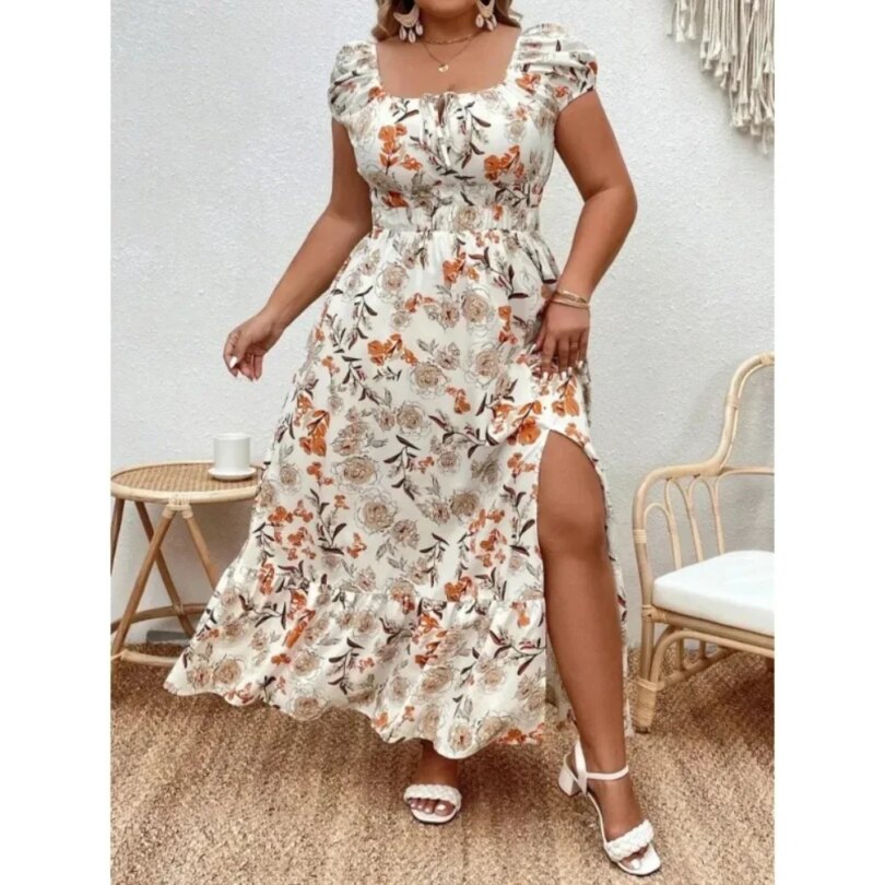 Women's 1-5XL Plus Size Suitable for outdoor white flower casual skirt large size women print loose summer dress - Image 3