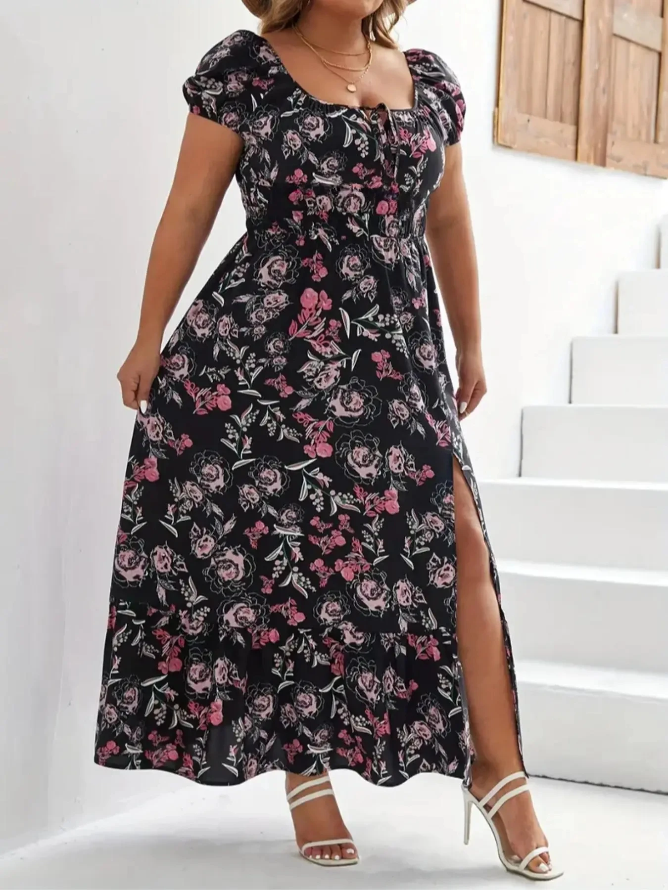 Women's 1-5XL Plus Size Suitable for outdoor white flower casual skirt large size women print loose summer dress