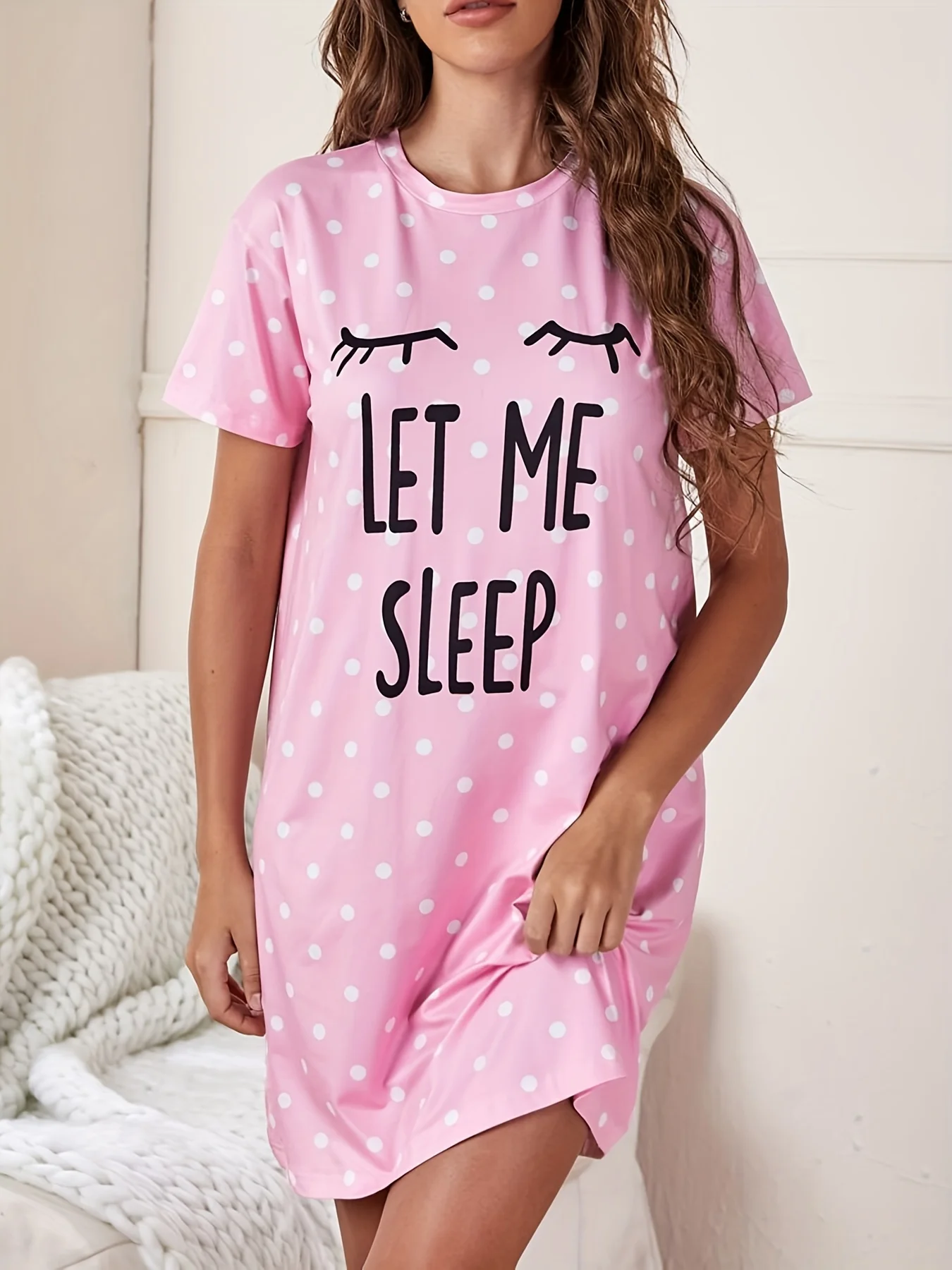 Let Me Sleep Printed Plus Size Women's Nightgowns Home Ice Silk Dresses Short Sleeve Dresses Pajamas for Girls with Large Busts