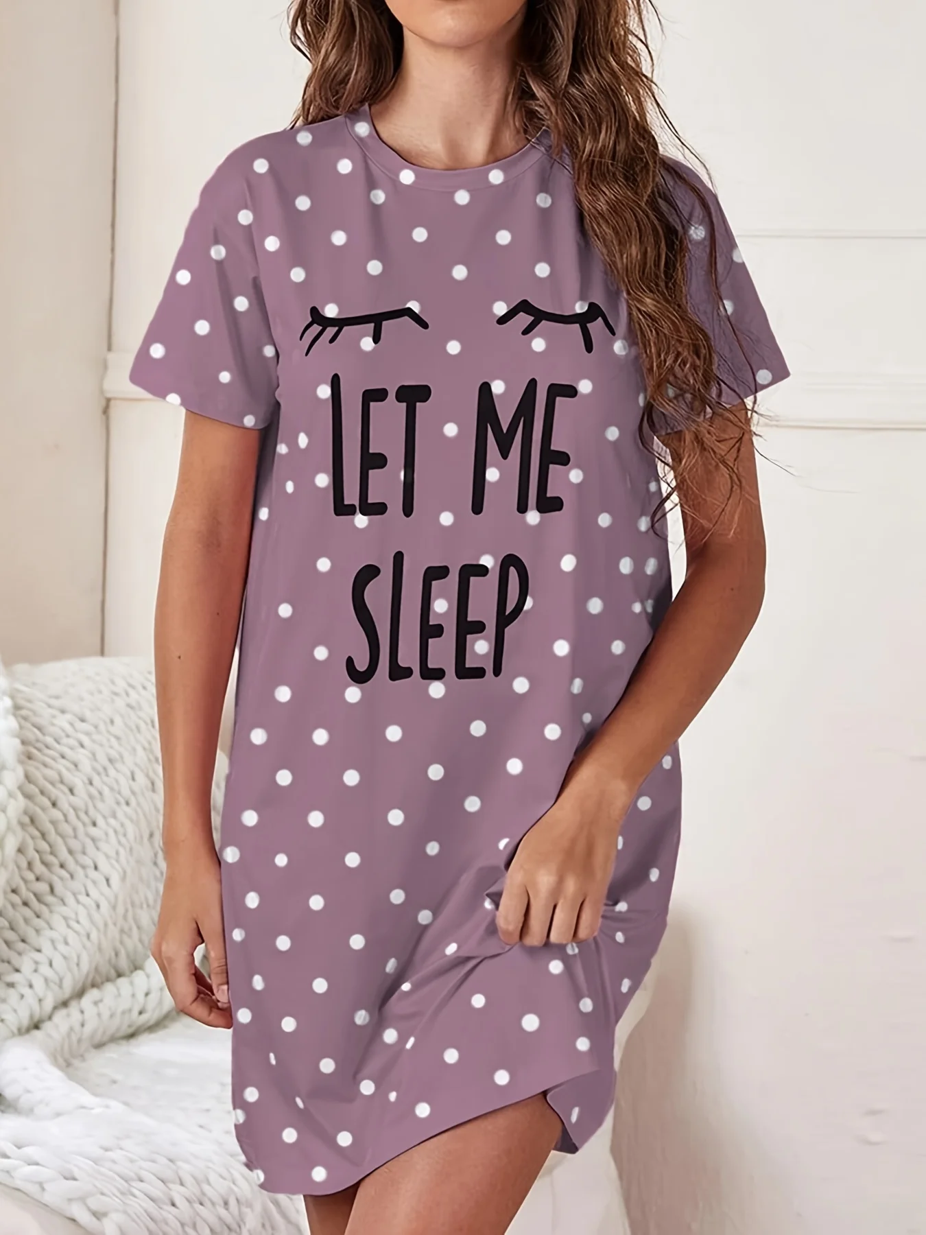 Let Me Sleep Printed Plus Size Women's Nightgowns Home Ice Silk Dresses Short Sleeve Dresses Pajamas for Girls with Large Busts