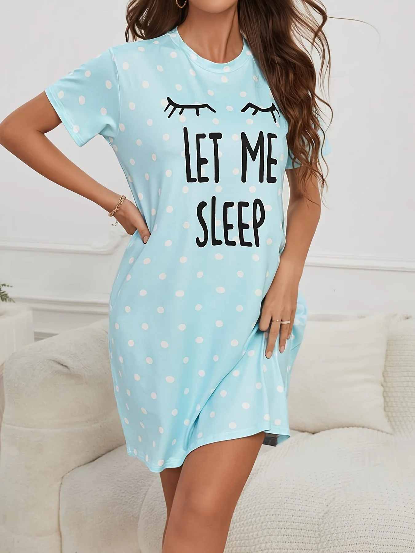 Let Me Sleep Printed Plus Size Women's Nightgowns Home Ice Silk Dresses Short Sleeve Dresses Pajamas for Girls with Large Busts