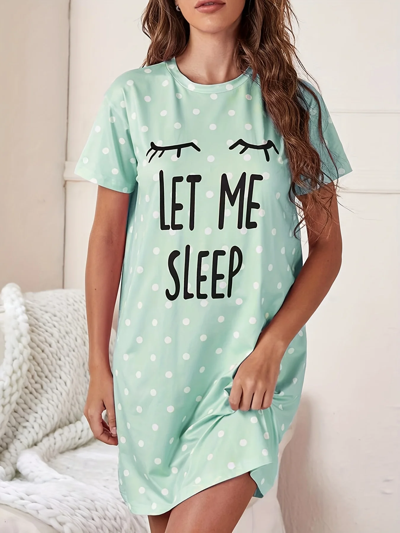 Let Me Sleep Printed Plus Size Women's Nightgowns Home Ice Silk Dresses Short Sleeve Dresses Pajamas for Girls with Large Busts