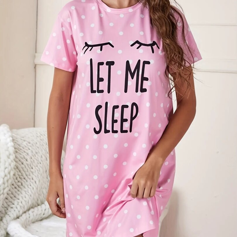 Let Me Sleep Printed Plus Size Women's Nightgowns Home Ice Silk Dresses Short Sleeve Dresses Pajamas for Girls with Large Busts