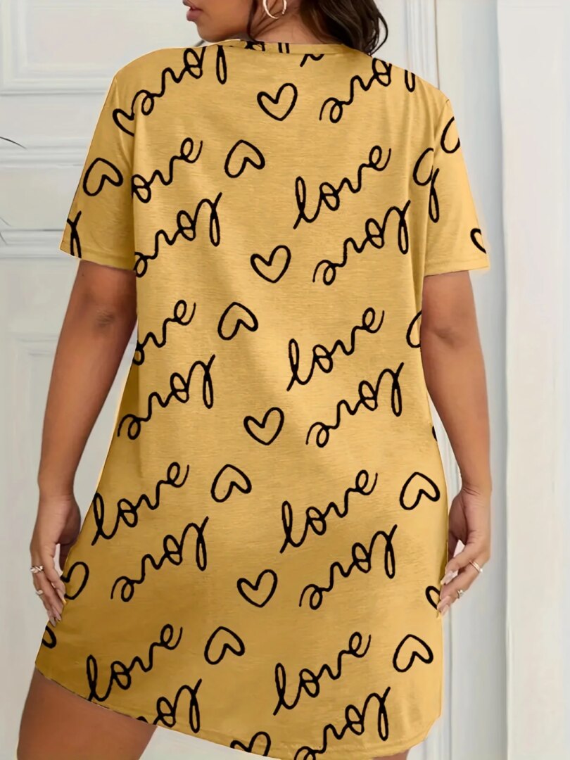 Plus Size Love Print Short Sleeve Nightgown Women's Large Size Micro Stretch Casual Round Neck Loungewear Dresses - Image 3