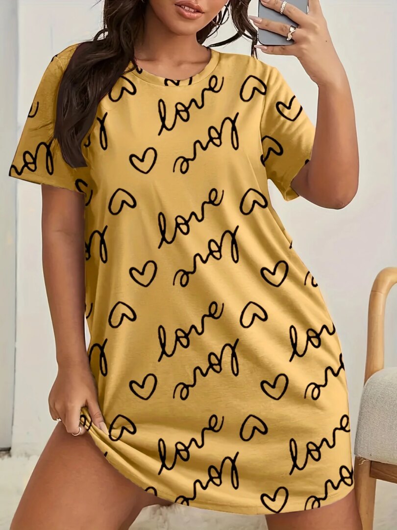 Plus Size Love Print Short Sleeve Nightgown Women's Large Size Micro Stretch Casual Round Neck Loungewear Dresses - Image 4