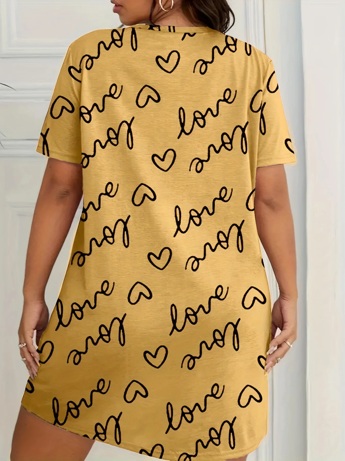 Plus Size Love Print Short Sleeve Nightgown Women's Large Size Micro Stretch Casual Round Neck Loungewear Dresses