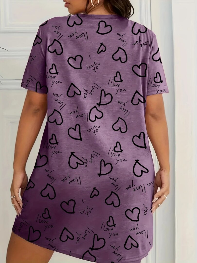 Plus Size Love Print Short Sleeve Nightgown Women's Large Size Micro Stretch Casual Round Neck Loungewear Dresses - Image 5