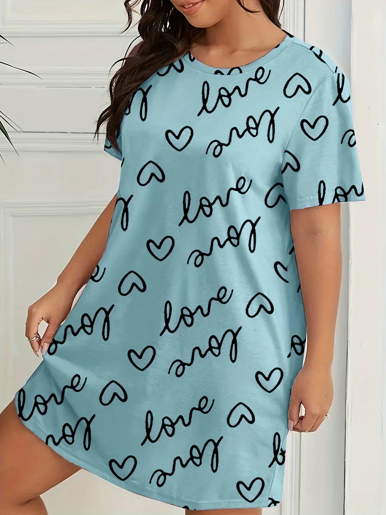 Plus Size Love Print Short Sleeve Nightgown Women's Large Size Micro Stretch Casual Round Neck Loungewear Dresses