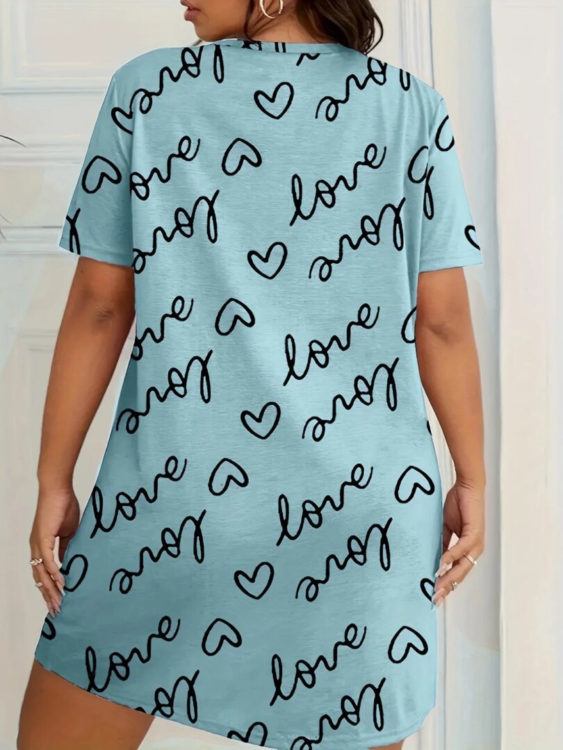 Plus Size Love Print Short Sleeve Nightgown Women's Large Size Micro Stretch Casual Round Neck Loungewear Dresses - Image 6