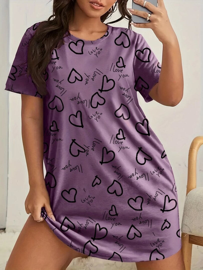 Plus Size Love Print Short Sleeve Nightgown Women's Large Size Micro Stretch Casual Round Neck Loungewear Dresses - Image 2