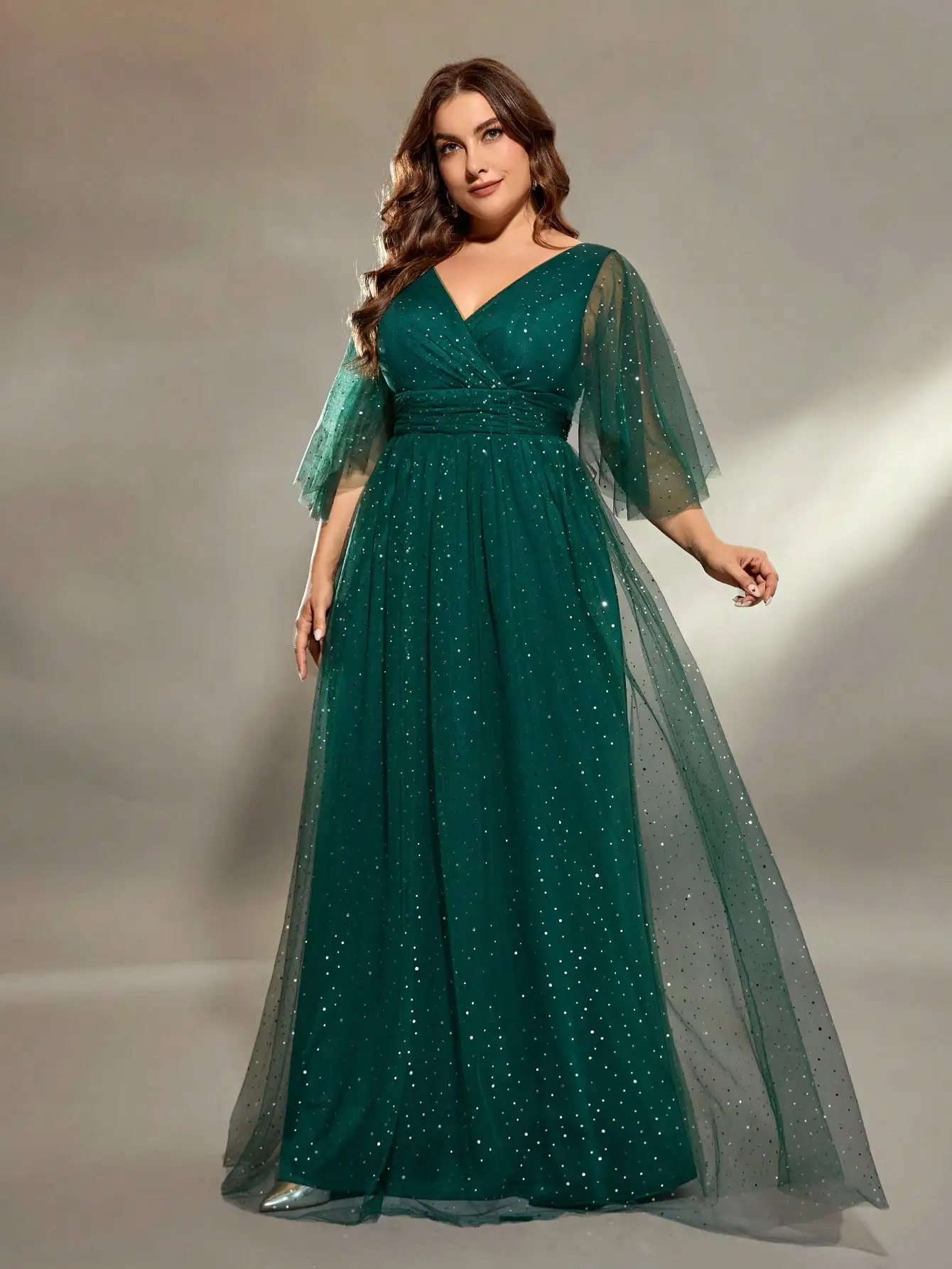 Mgiacy plus size V-neck cross chest pleats irregular long sleeve fillet netting A full skirt Evening gown Ball dress Party dress