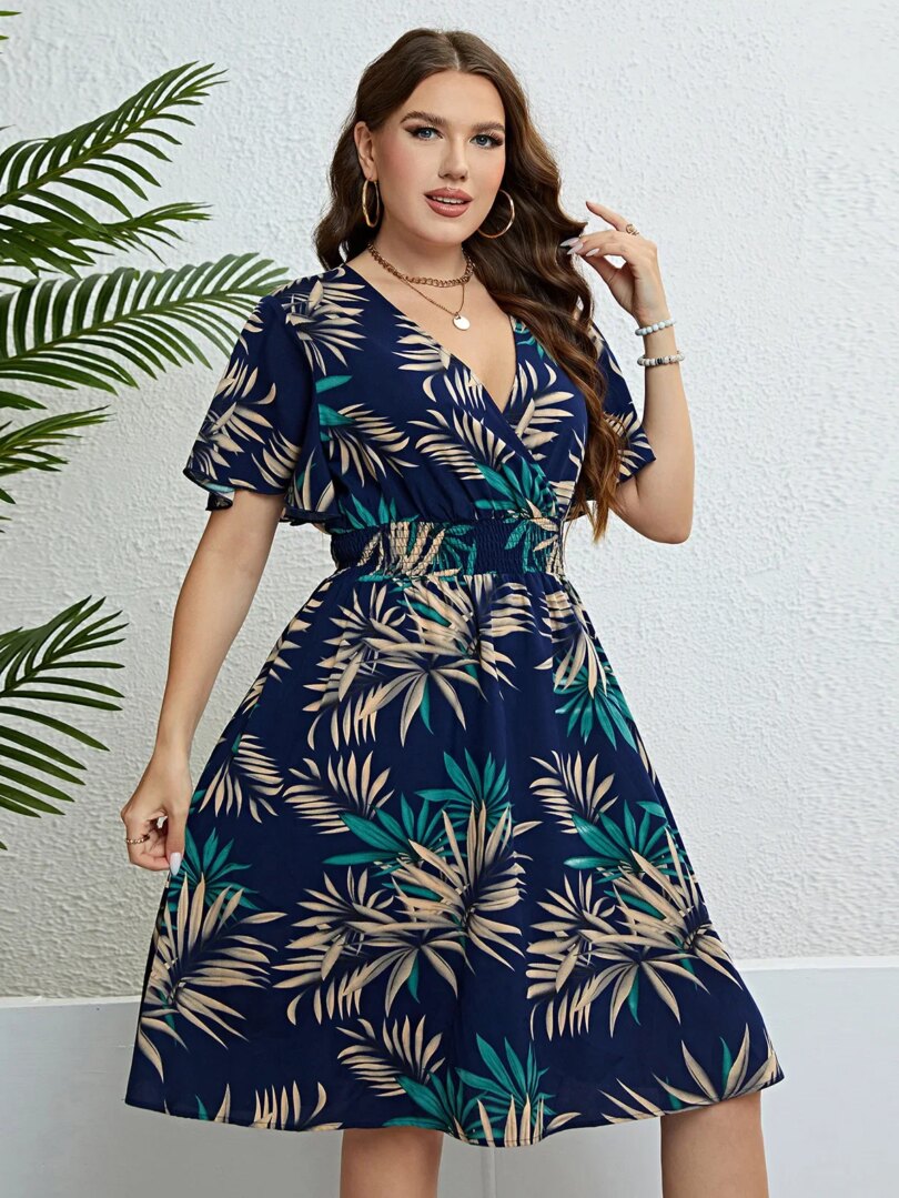 Plus Size Floral Print Wrapped V-Neck Women Dresses Short Ruffle Sleeves A-Line Bohemia Robe Casual Lady Vacation Clothing - Image 3