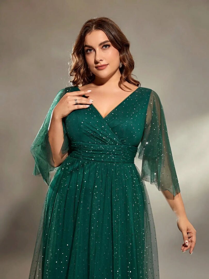 Mgiacy plus size V-neck cross chest pleats irregular long sleeve fillet netting A full skirt Evening gown Ball dress Party dress - Image 3